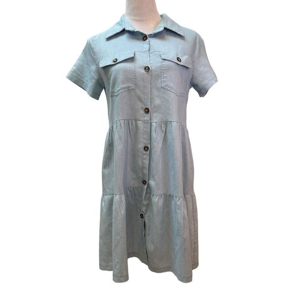 Chambray Loose Fit with Ruffle Bottom  Festival‎ Short Sleeve Dress Size S - Picture 1 of 8